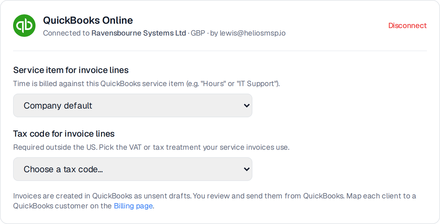 The QuickBooks Online connection card in Helios settings, showing the connected organisation and the service item and tax code pickers