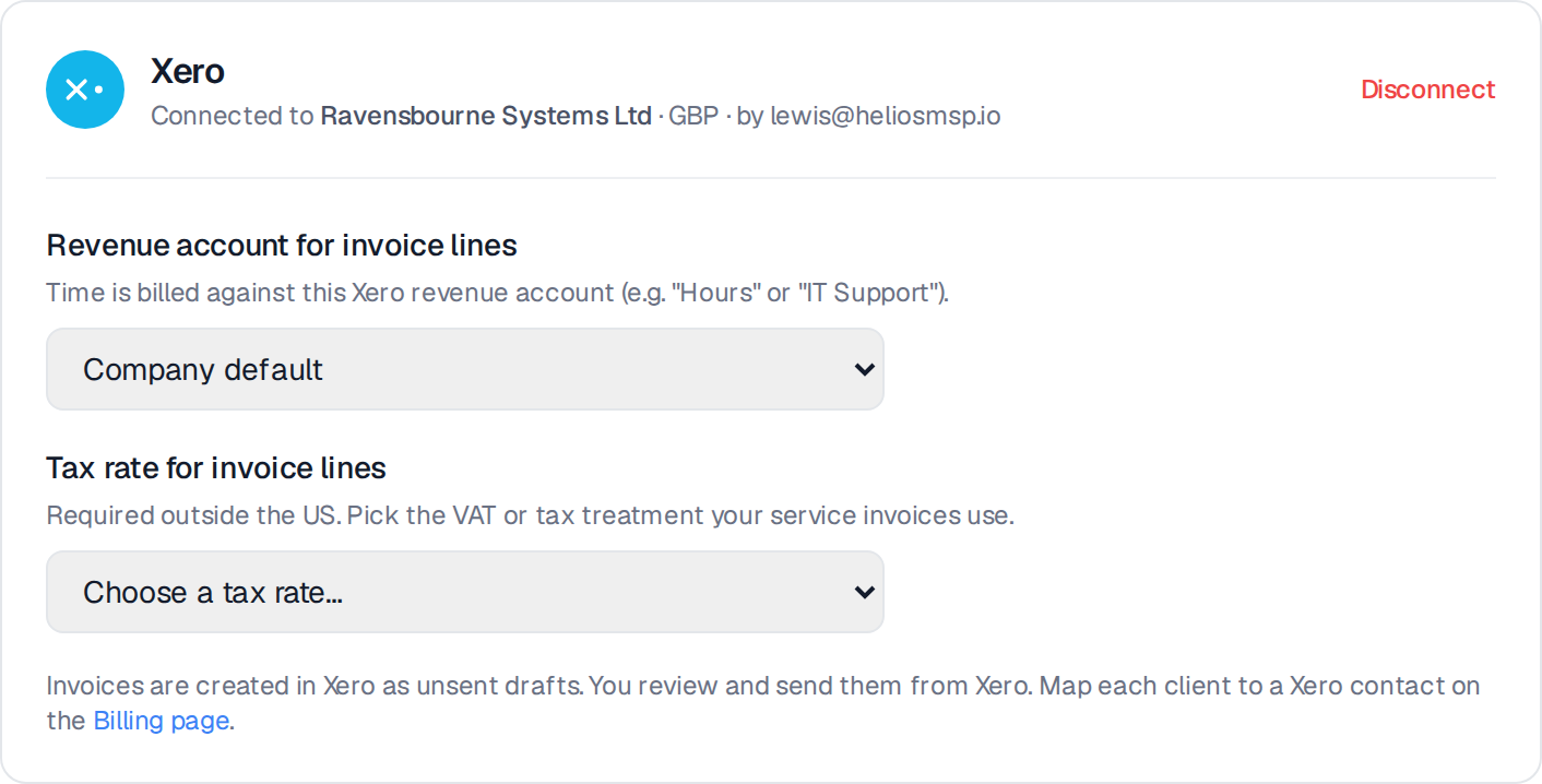 The Xero connection card in Helios settings, showing the connected organisation and the revenue account and tax rate pickers