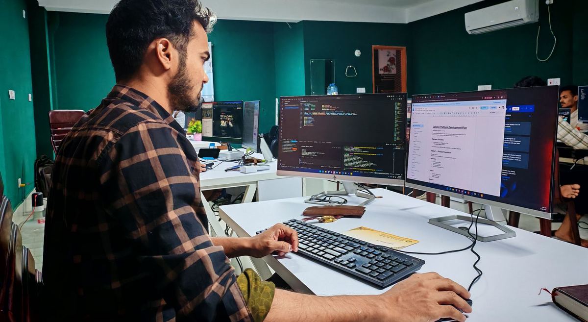 An engineer at a desk with two monitors